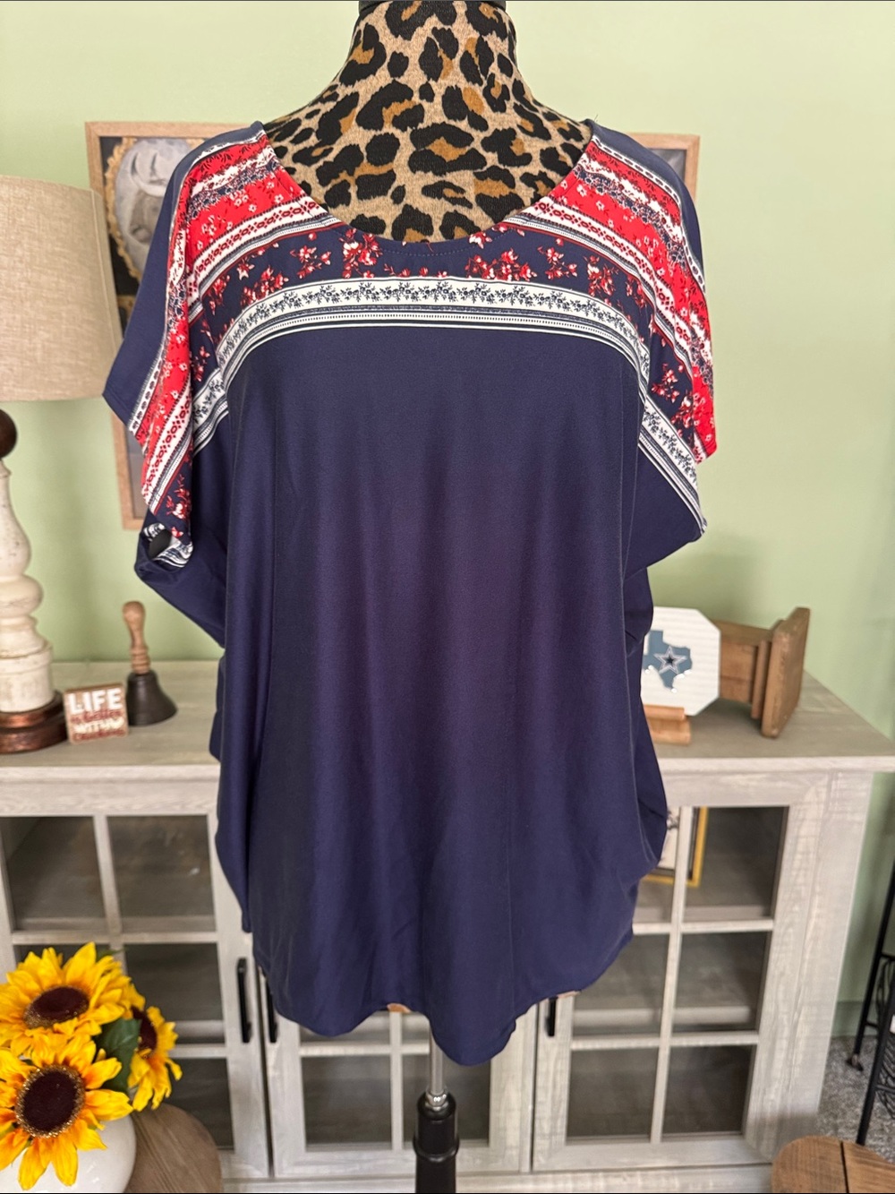 White Birch Navy & Red Mixed-Print Dolman Sleeve Top Sz XL